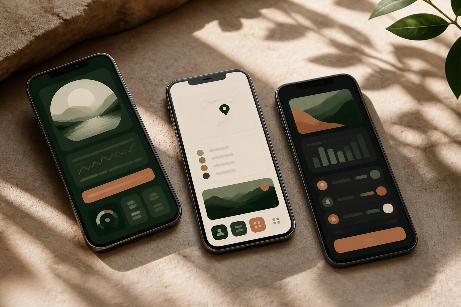 Three phones showing illustrative mobile interface concepts