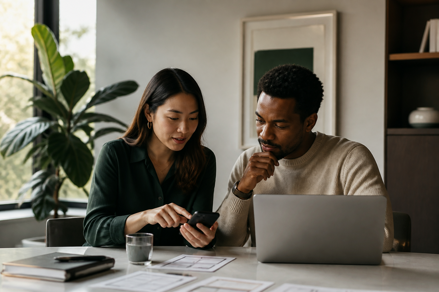 Two product specialists reviewing a mobile app prototype together
